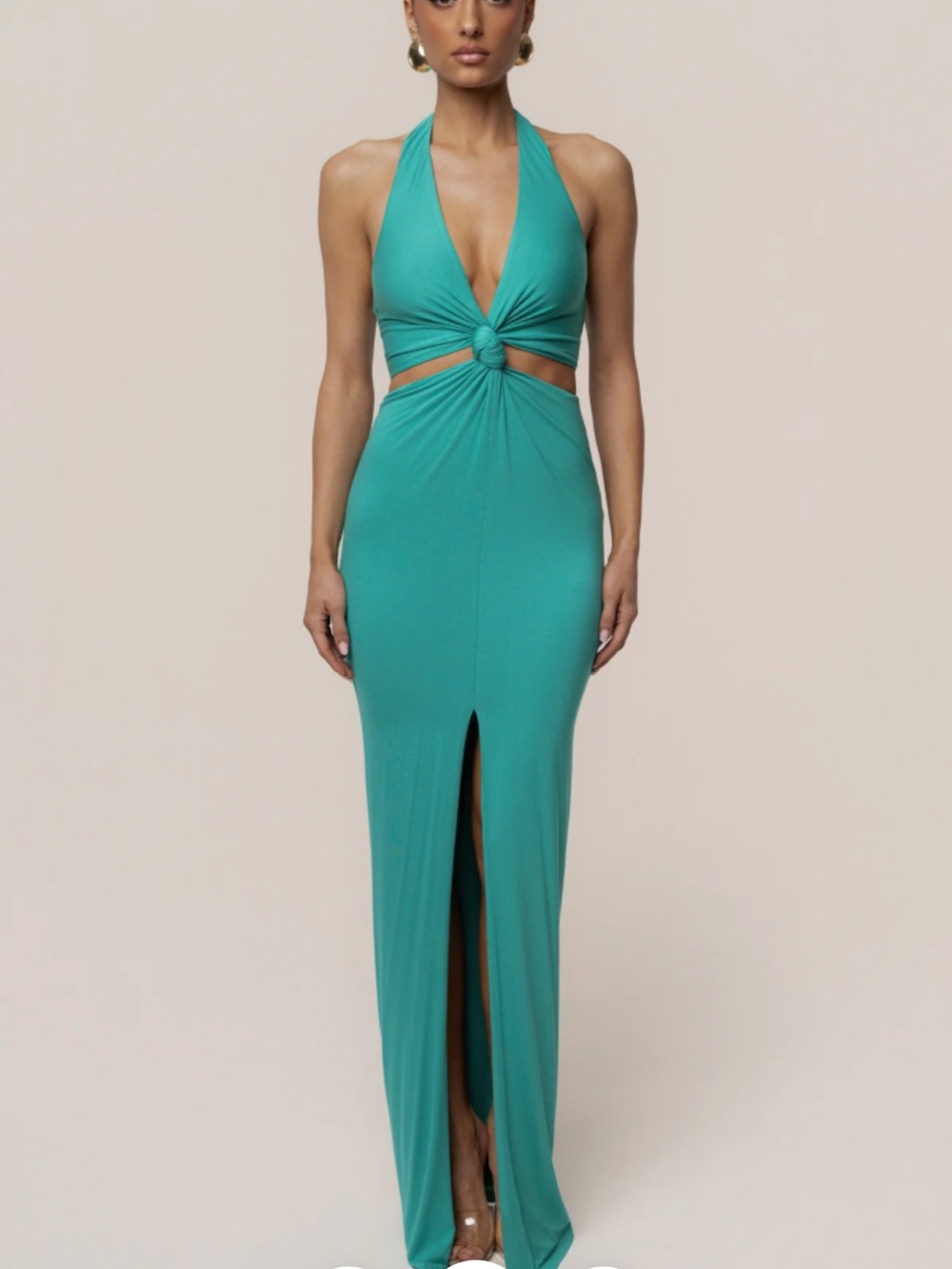 JLUXLABEL Teal Halter Knot Cutout Maxi Dress with Front Slit NWT